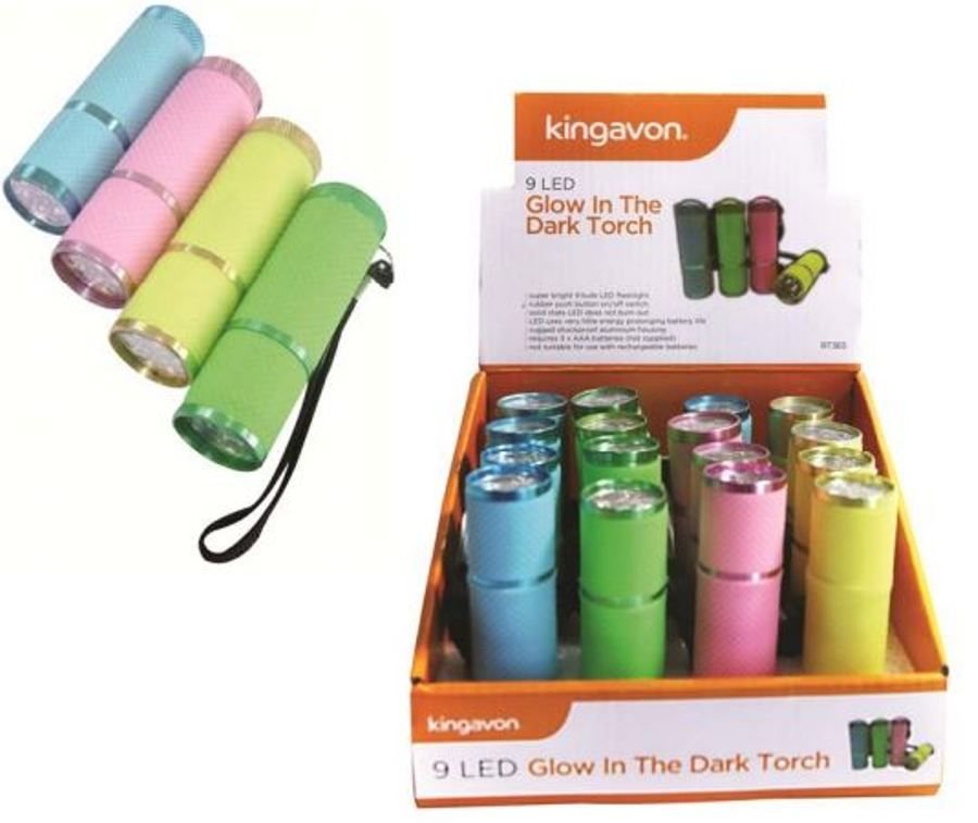 9 LED Glow in the Dark Torch - 3 X AAA Choice of 4 Colours